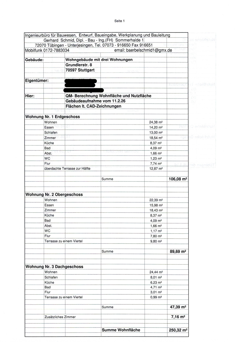 Wohnfl�chenberechnungen Mehrfamilienhaus Stuttgart