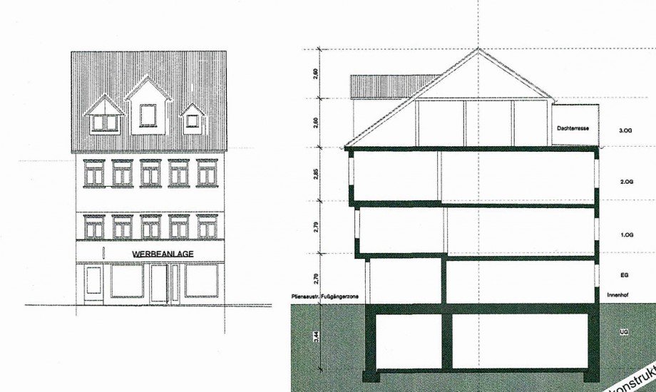 Schnitt und Ansicht Wohn- / Gesch�ftshaus Esslingen